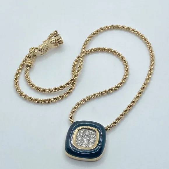 vtg Nina Ricci Black Enamel Rhinestone Square Pendant Gold Tone Necklace 17” - Picture 4 of 8